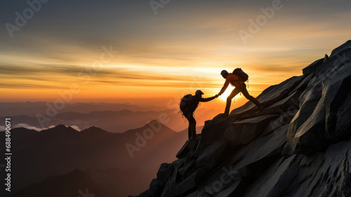 Silhouette photo of mountain climber helping his friend to reach the summit, showing teamwork, friendship, harmonious concept. photo