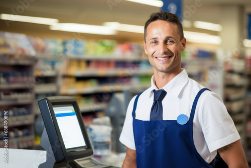 smiling man cashier at the cash register working at supermarket