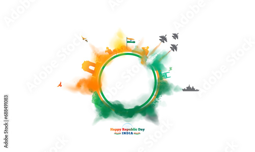 Vector illustration of india Republic day freedome celebration background. Parade of aircraft, tricolor smoke and india gate munnaments. photo