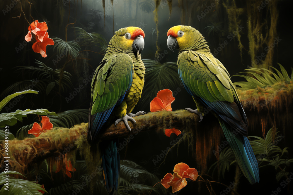 Obraz premium parrots in the rainforest, realistic painting in vintage style