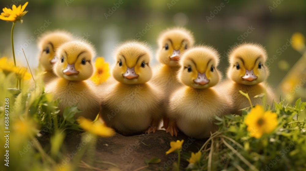 A group of ducks sitting on top of a lush green field. Generative AI.