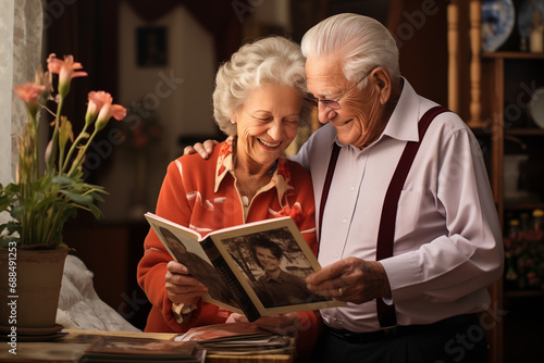 elderly couple looking at a photoalbum indoor photo