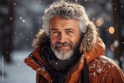 portrait of happy senior man in a winter clothes outdoors
