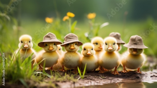 A group of little ducks wearing hats in the grass. Generative AI. photo