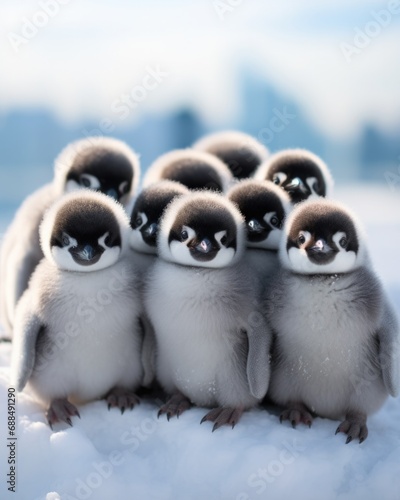 A group of penguins sitting on top of a snow covered ground. Generative AI.