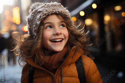 portrait of happy little girl in a winter clothes outdoors
