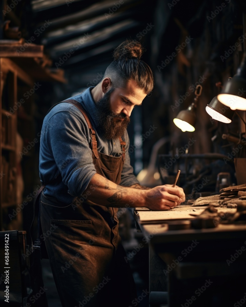 A man is working on a piece of wood. Generative AI. A man is working on a piece of wood. Generative AI.