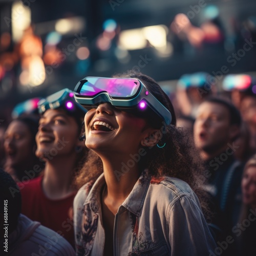 A group of people wearing virtual reality glasses. Generative AI.