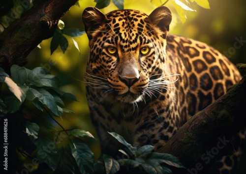 A close up of a leopard in a tree. Generative AI.