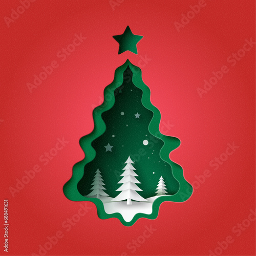 Merry Christmas and winter season on red background. Green christmas Tree decorated .Vector illustration in paper art craft