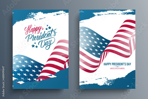 US Presidents Day. United States President's Day celebration posters with waving American national flag, hand lettering and blue brush strokes. USA national holiday greetings. Vector illustration.