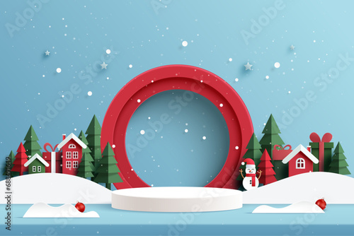 Merry Christmas and Happy new year background. White podium in Red circle decorated with christmas tree, Snowman and Red House. Paper art vector illustration.