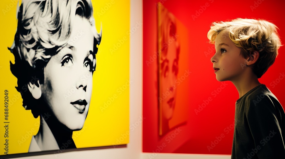 Obraz premium A Young Boy Admiring a Portrait of a Woman