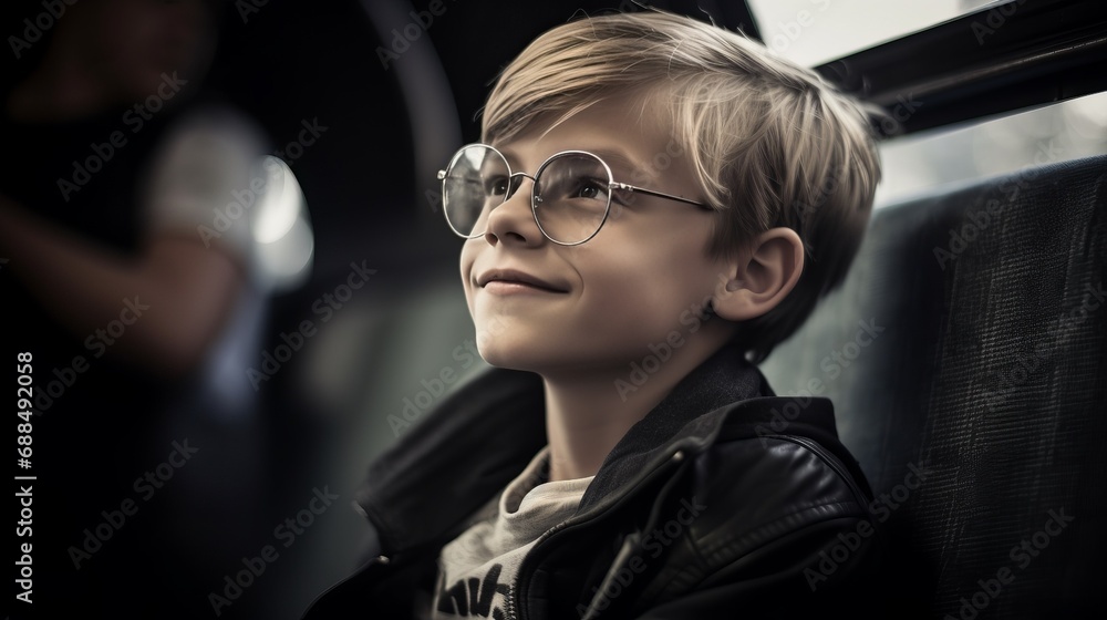 Young Boy Wearing Glasses Sitting on a Bus Young Boy Wearing Glasses Sitting on a Bus