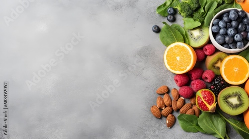 On a gray concrete background are a variety of healthy foods, including fruits, vegetables, seeds, superfoods, cereals, and leafy greens.