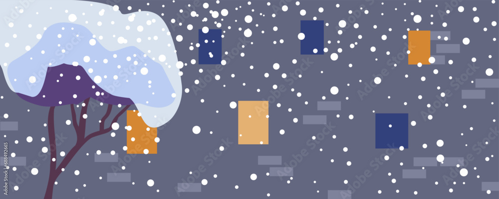 The interior is in a gentle Scandinavian style. Winter. Simple furniture. Flat vector illustration