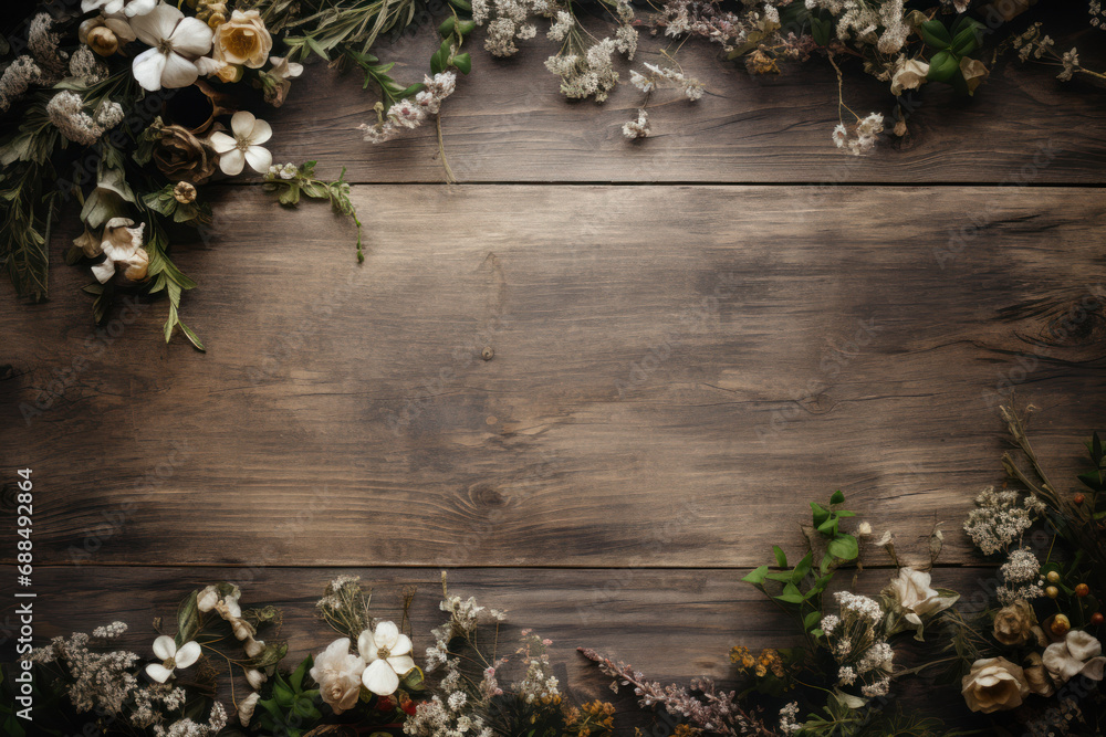 A rustic wood and floral template, creating a charming aesthetic for rustic wedding invitations or event announcements. Generative Ai.
