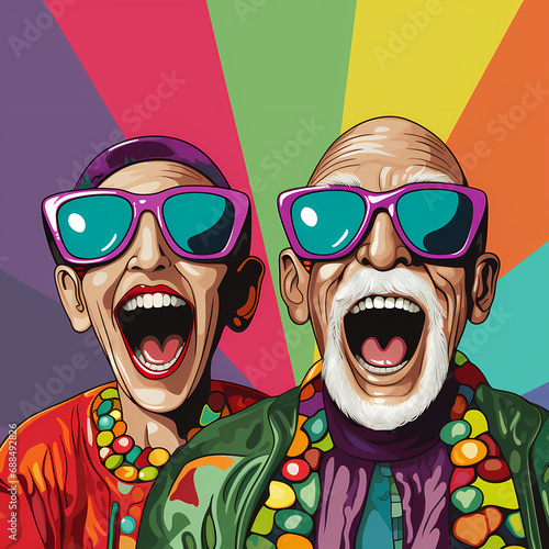 Two smiling gay men embrace...