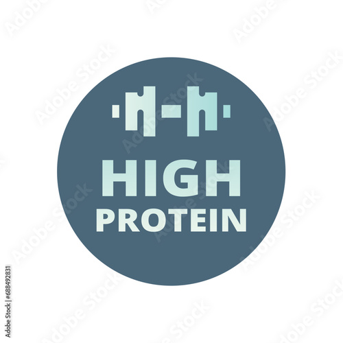 High protein shake or food label. Vector nutrition sticker with dumbbell.