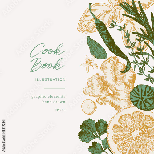 Hand drawn illustrations of spices and culinary herbs. Graphic elements for cook book design, restaurant menu and recipe sheets. Botanical and culinary illustration