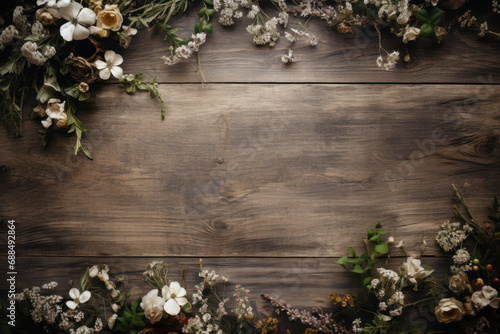 Obraz na płótnie A rustic wood and floral template, creating a charming aesthetic for rustic wedding invitations or event announcements. Generative Ai. w salonie