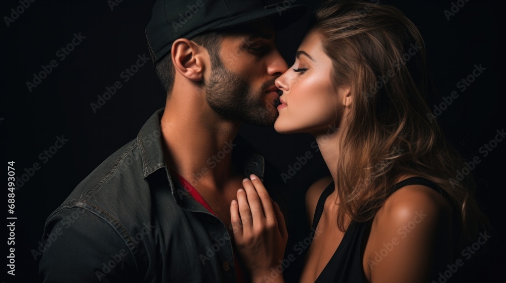 A man and a woman kissing in the dark. Generative AI. A man and a woman kissing in the dark. Generative AI.