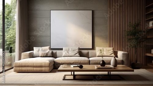 Living room interior design with wooden walls, poster, sofa and wooden table. Created with Ai © Image Innovate