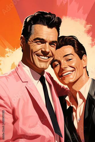 Two smiling gay men embrace...