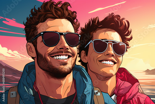 Two smiling gay men embrace...