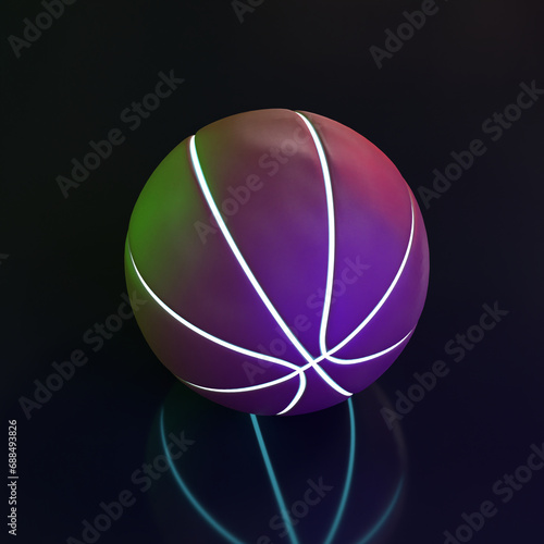 3d rendering illustration of futuristic basketball . Professional sport item, game equipment.Basketball with glowing lines on colorful neon light background.Design template for graphics, mockup.