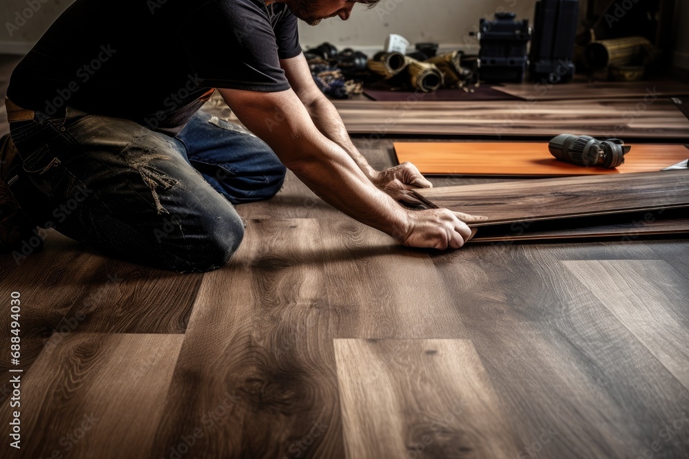 Male construction worker installing laminate timber flooring in new flat. Home renovation concept. - obrazy, fototapety, plakaty 