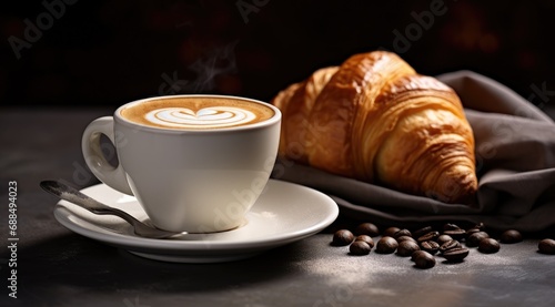 Cup of cappuccino and croissant for breakfast