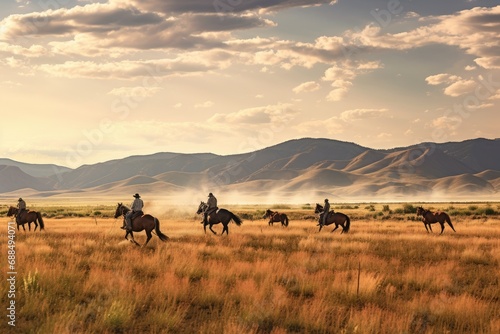 A group of ranchers herding cattle across vast plains