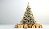 christmas tree with gold decoration and gifts on the white background 