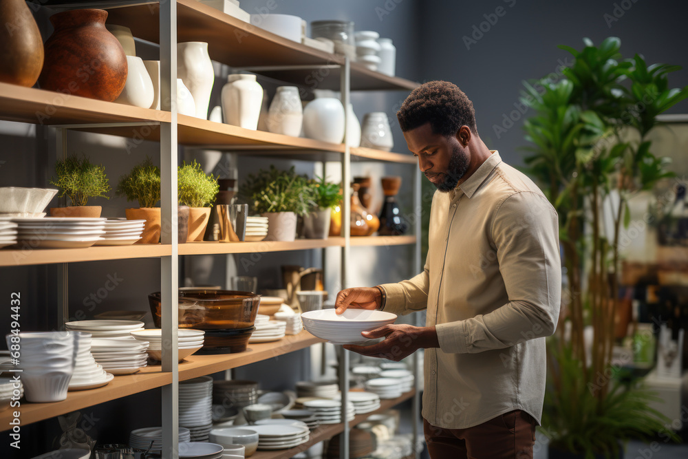 A retail employee organizing shelves and assisting customers, illustrating the commitment to providing quality service in the retail industry. Generative Ai.