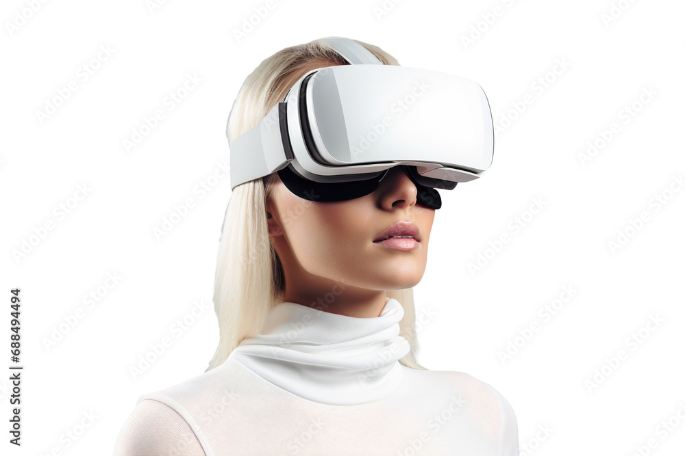 A woman using virtual reality headset. VR, future, gadgets, technology concept Isolated on transparent background. A woman using virtual reality headset. VR, future, gadgets, technology concept Isolated on transparent background.