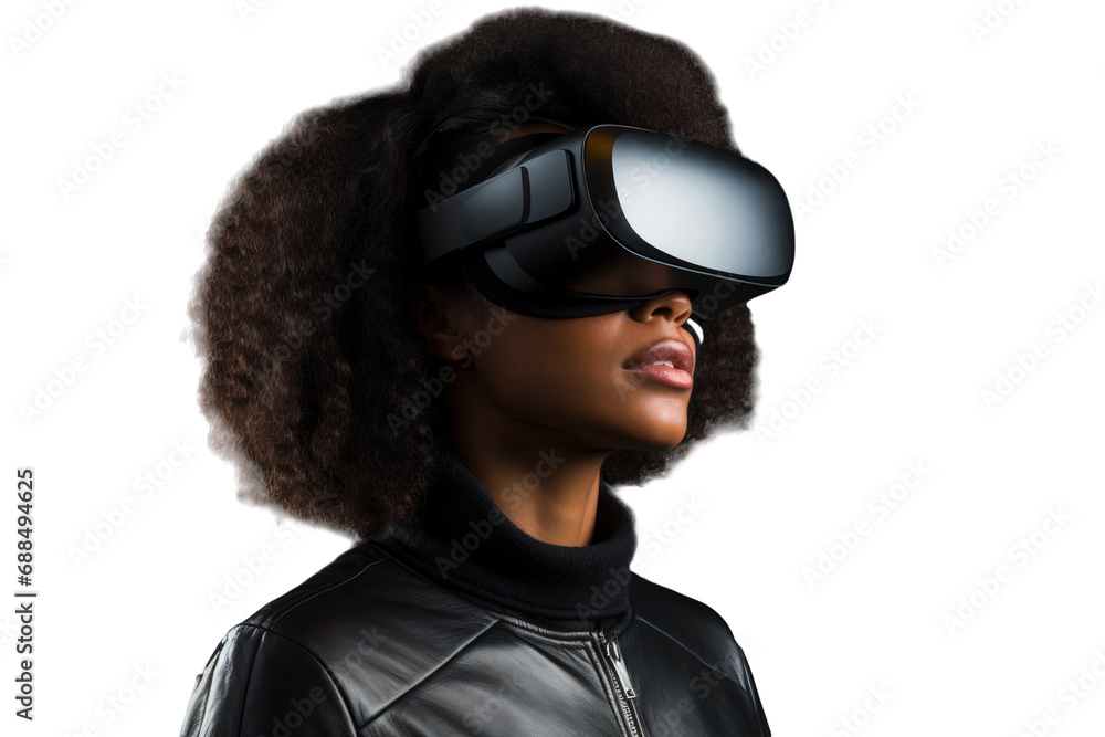 A woman using virtual reality headset. VR, future, gadgets, technology concept Isolated on transparent background. A woman using virtual reality headset. VR, future, gadgets, technology concept Isolated on transparent background.