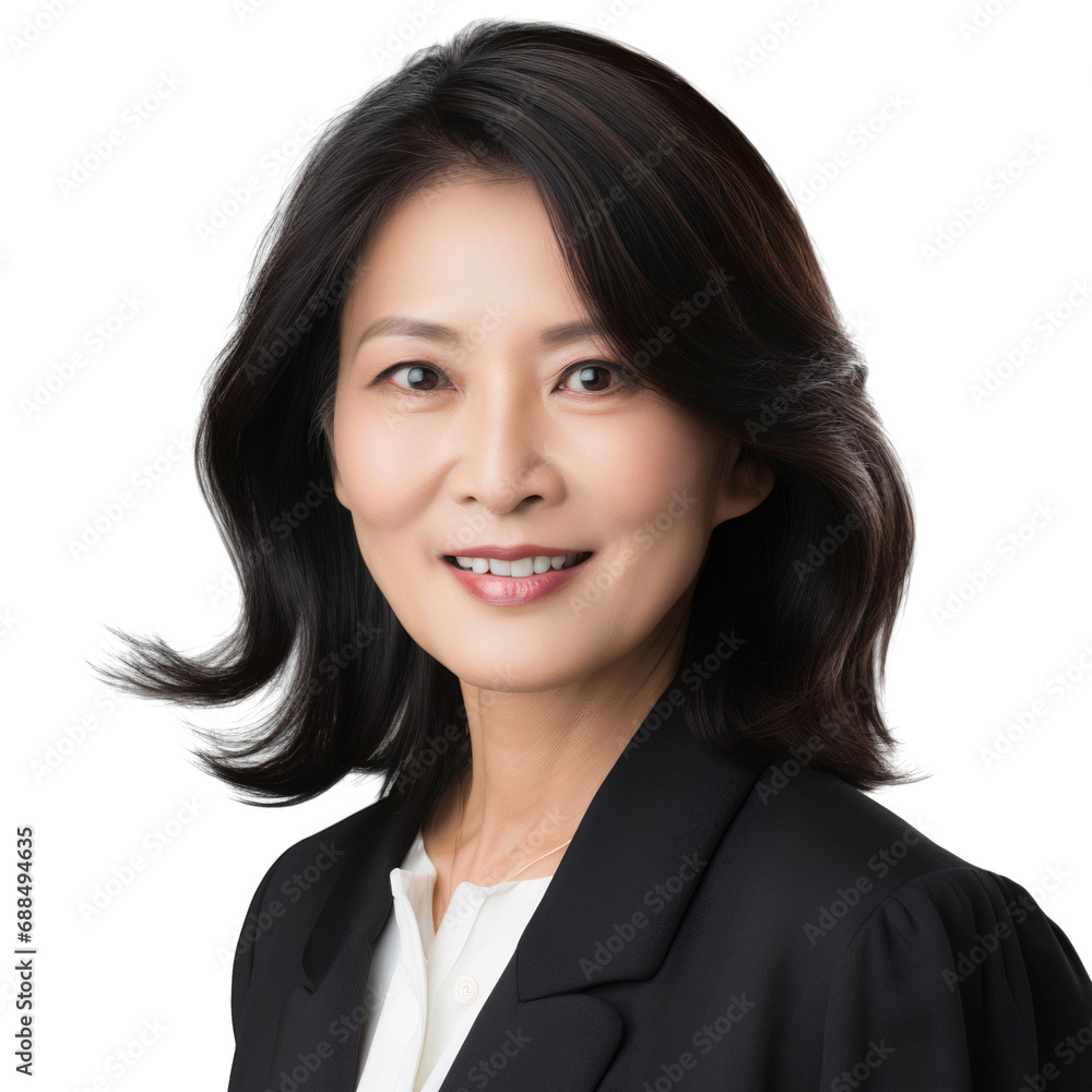 Portrait of mature asian business woman headshot isolated on transparent background Portrait of mature asian business woman headshot isolated on transparent background