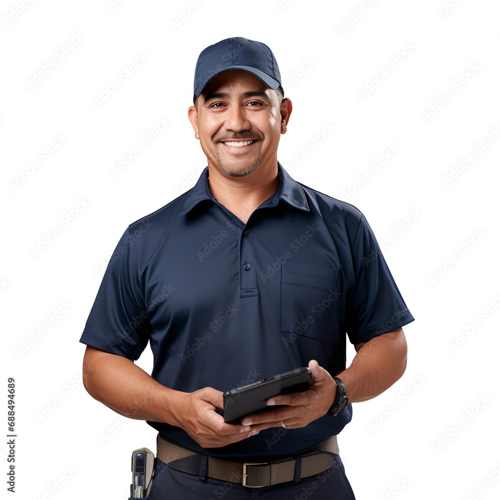 Portrait of smiling security holding a phone for communication isolated on white background Portrait of smiling security holding a phone for communication isolated on white background