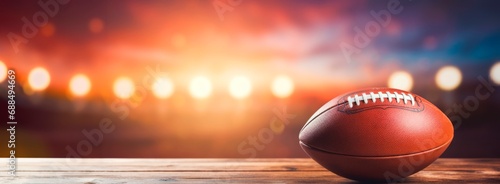 american football  ball isolated on wooden table with blurred  stadium lights in the background, horizontal wallpaper or banner, large copy space for text. sport and show concept 