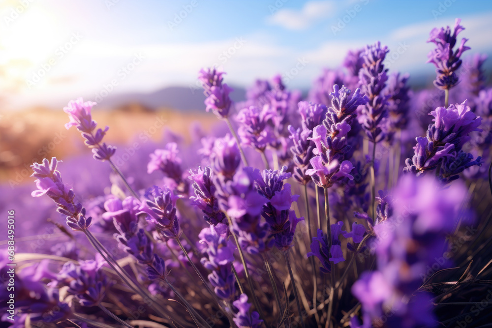 Obraz premium The airy gusts in a lavender field, enveloping the surroundings in the soothing and aromatic essence of lavender. Concept of lavender tranquility. Generative Ai.