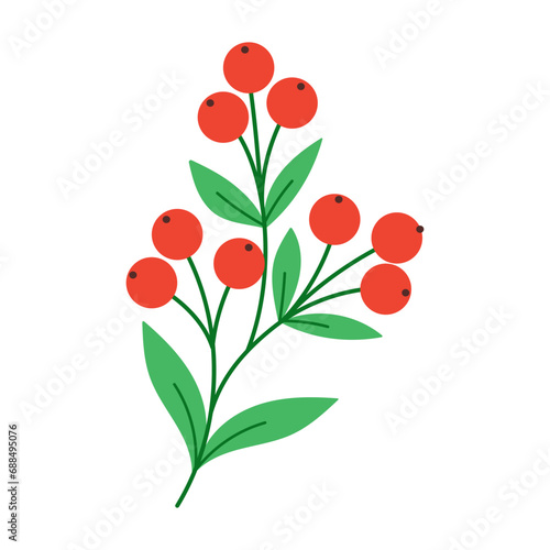 Vector flat botanical illustration of green branch with berries.