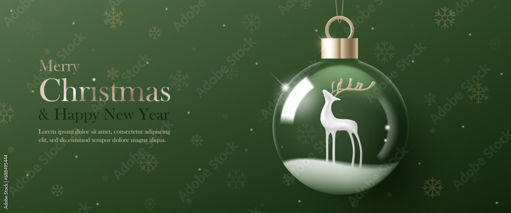 3D Vector Merry Christmas product podium banner. Glass snow ball, reindear, snowflake on green background. Luxury modern minimal decoration party, greeting card, promotion sale, social media post