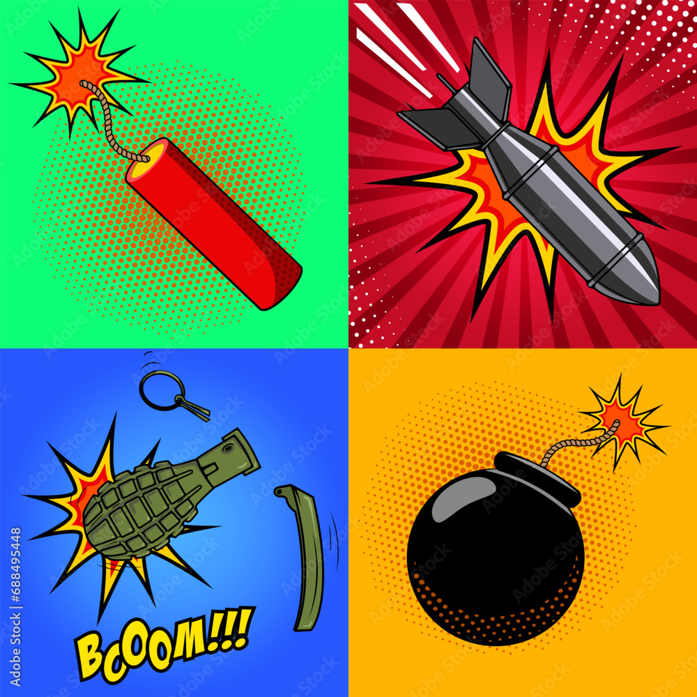 Cartoon bomb, dynamite stick, grenade, with fire in pop art style. Explosions in cartoon style