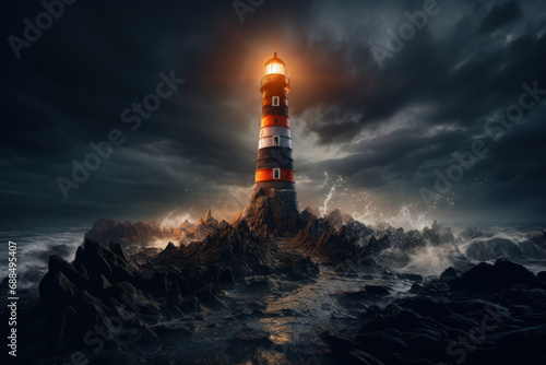 A lighthouse beaming light into the darkness, symbolizing the guiding force of a brilliant idea in a sea of uncertainty. Concept of illuminating ideas. Generative Ai. © Sebastian