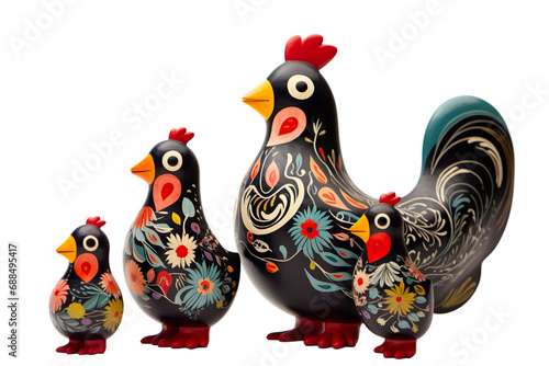 12 animal designations PNG: a figurine of a lovely chicken family, Very cute with colorful designs, Chinese traditional folk mud dog art style, in the style of woodcarvings © JetHuynh