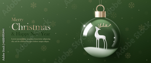 3D Vector Merry Christmas product podium banner. Glass snow ball, reindear, snowflake on green background. Luxury modern minimal decoration party, greeting card, promotion sale, social media post photo