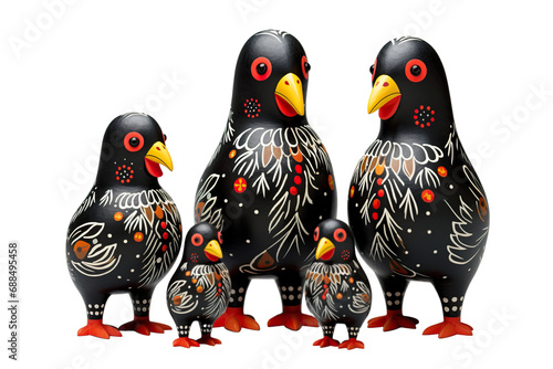 12 animal designations PNG: a figurine of a lovely chicken family, Very cute with colorful designs, Chinese traditional folk mud dog art style, in the style of woodcarvings