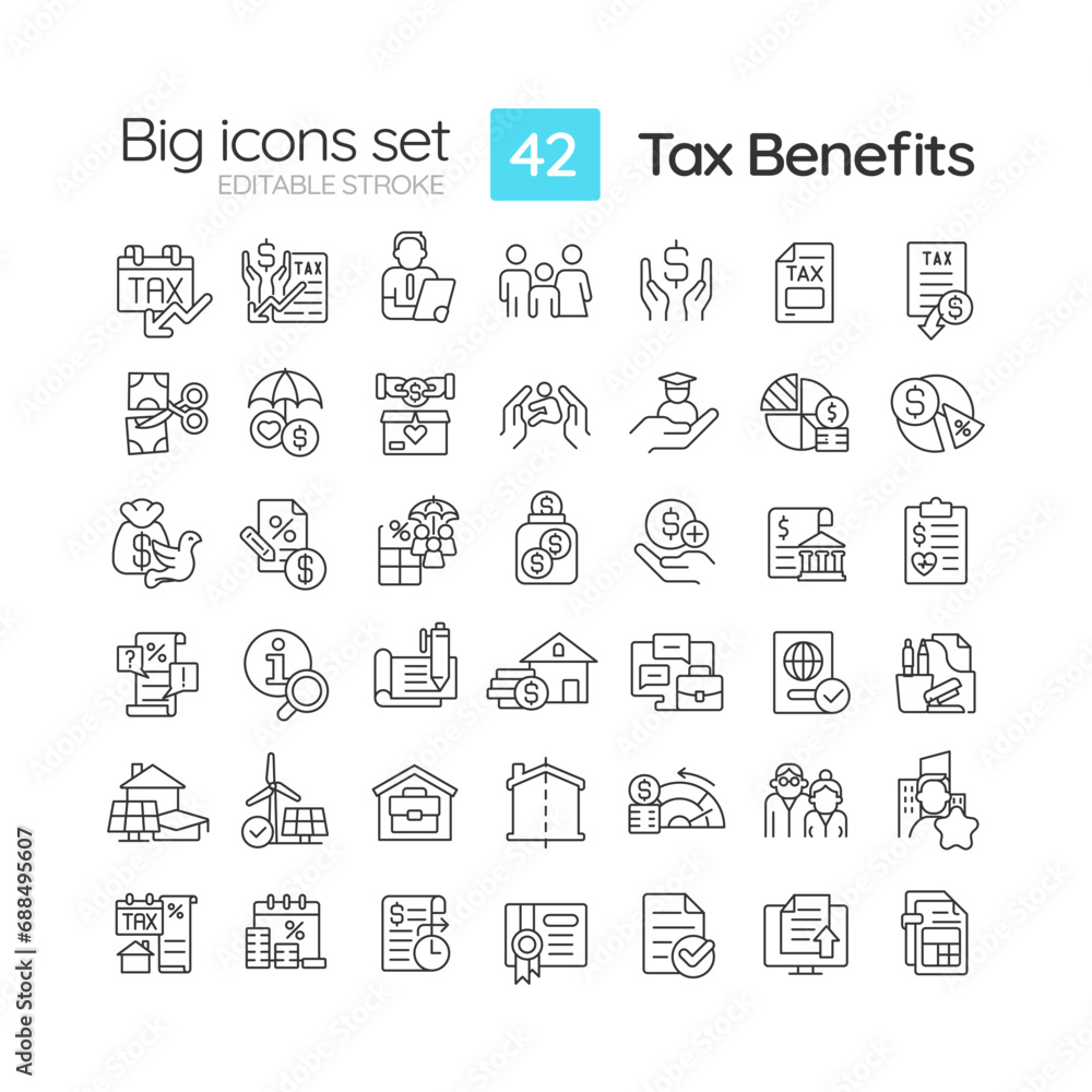 Tax benefits linear icons set. Fiscal policy. Governmental incentives. Financial planning. Tax relief. Customizable thin line symbols. Isolated vector outline illustrations. Editable stroke - obrazy, fototapety, plakaty 