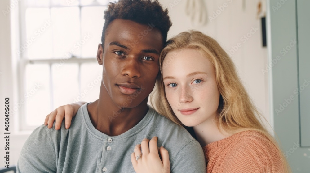 Happiness knows no color as a young couple with diverse skin tones finds joy in each other's arms at home.